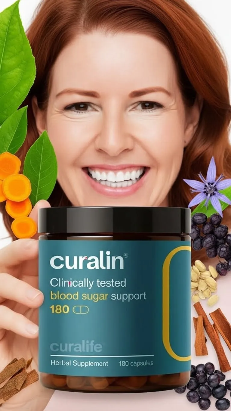 Woman smiling holding CuraLin blood sugar support supplement bottle with herbal ingredients.