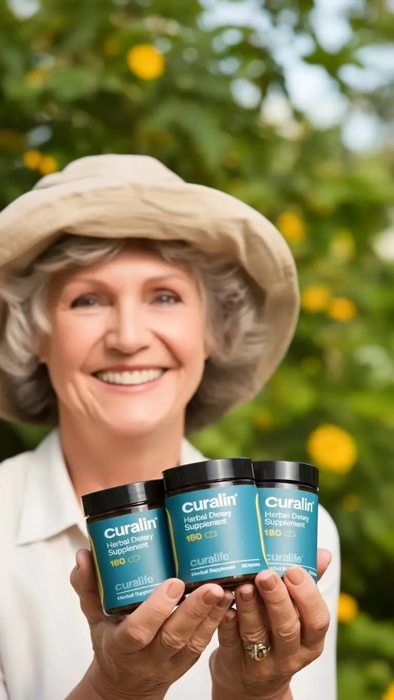 Smiling woman holding CuraLin clinically tested blood sugar support supplement with herbs around the bottle.